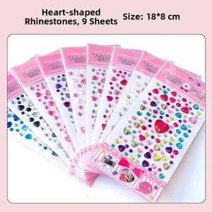 Detailed set of 9 heart-shaped colorful 3D crystal stickers for DIY crafts and decor