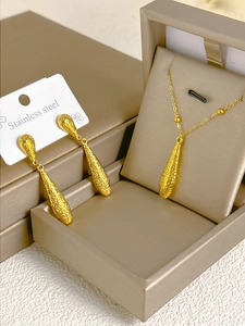 Detailed close-up of gold stainless steel teardrop jewelry set with textured relief finish