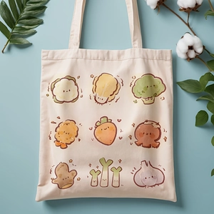 Detail of canvas tote bag with nine cute vegetable cartoon illustrations on a blue background