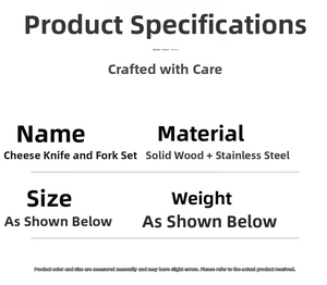 Detailed size and material chart for stainless steel cheese knives with wooden handles