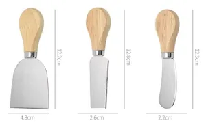 Detailed size chart showing dimensions of stainless steel cheese knives with wood handles