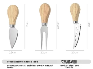 Detailed size specifications for stainless steel cheese knife set with wooden handles