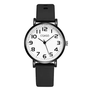 Minimalist quartz watch for students with white dial and black leather strap on white background
