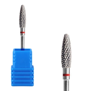 Silver carbide nail drill bit with fine cross-cut teeth and blue protective base