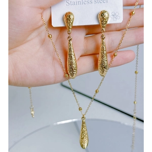 Golden stainless steel jewelry set featuring hammered water drop earrings and necklace