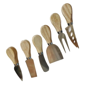 6-piece stainless steel cheese knife set with natural wood handles on white background