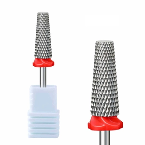 Conical tungsten alloy nail drill bit with cross-cut teeth and red ring detail