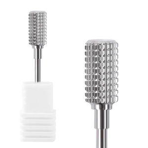 Silver cross-cut cylindrical nail drill bit with a white plastic storage base