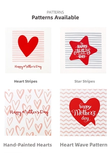 Detail view of four Happy Mother's Day square card designs with red hearts and pink stripes