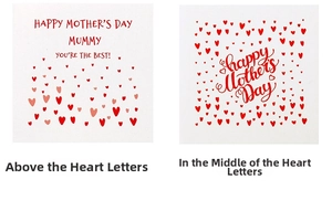 Close-up of minimalist square Mother's Day cards with red heart patterns and warm greetings