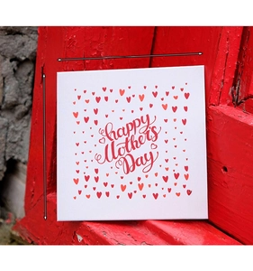 Close-up of a square Mother's Day card with 85mm size and red hearts design