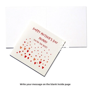 Square Happy Mother's Day card featuring red text and a blank inner page for writing