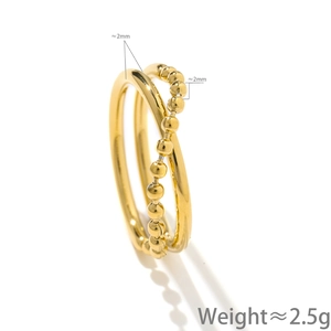 Gold double-layered chain ring in stainless steel with bead details and 45-degree angle view