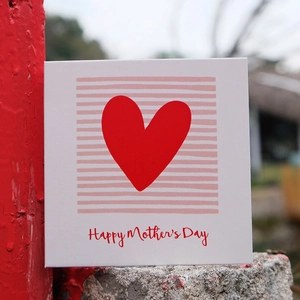 Mini square Happy Mother's Day greeting card with red heart and pink stripes