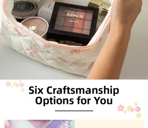 Close-up of quilted cosmetic bag with bow prints and large capacity storage design