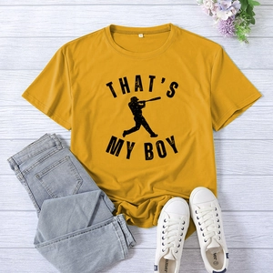 Women's yellow crew neck t-shirt with That's My Boy baseball print and casual jeans