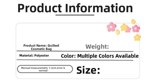 Detailed product specifications table for quilted polyester makeup bag with bow design