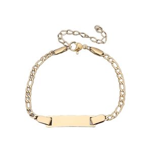 Polished 18K gold-plated stainless steel ID bracelet with adjustable Figaro chain