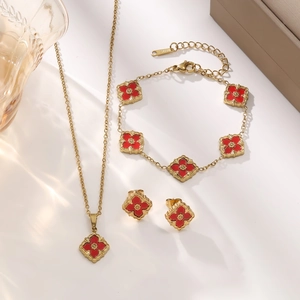 Golden titanium steel set with red enamel clover necklace, bracelet and earrings
