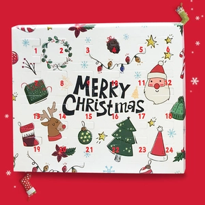 Front view of Christmas Advent Calendar box with 24 numbered doors and Santa graphics