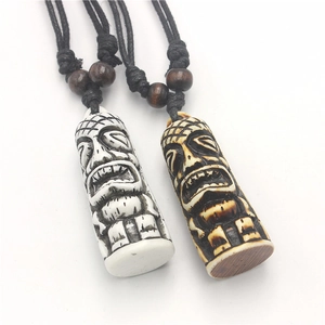 Faux bone and wood tiki totem necklaces with adjustable braided rope for men and women