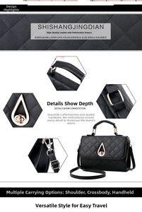 Detail view of black quilted faux leather handbag with gold teardrop clasp and top handle