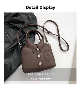 Close-up of brown shirt-shaped crossbody bag with lapel details and metallic buttons