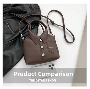 Detail of a brown leather shirt-style bag with silver buttons and smartphone for size scale