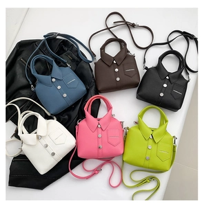 Detail view of mini crossbody bags in six vibrant colors with creative shirt collar design