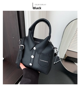 Black leather handbag featuring a unique shirt-shaped design with silver buttons and strap