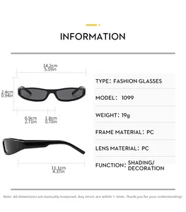 Detailed technical size chart for sports sunglasses showing frame dimensions and PC material