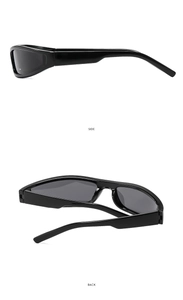 Side and back view of sleek black retro sporty sunglasses with wide wrap-around frame