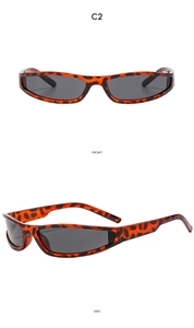 Detail of tortoise shell rectangular sunglasses with dark grey lenses in front and side views