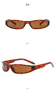 Front and 45-degree side views of retro small frame sunglasses with leopard print pattern