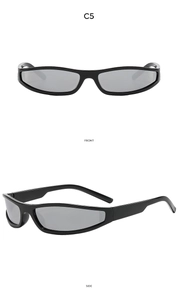 Front and side views of black narrow frame sporty retro sunglasses model C5