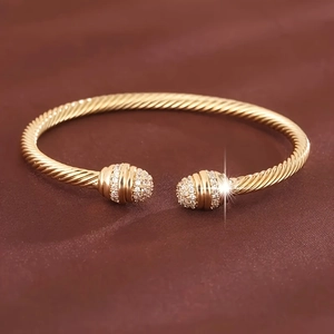 Twisted Cable Cuff Bangle Rhinestone Sphere Ends Open Bracelet Elegant Alloy Fashion Jewelry For Women
