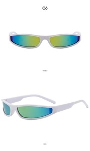 Front and side view of white y2k wrap sunglasses with blue green gradient mirror lenses