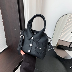 Fashionable black contrast handbag with shirt collar design and lychee pattern leather texture