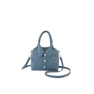 Creative shirt-style fog blue handbag with lychee texture and metallic buttons