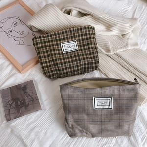 Vintage Plaid Canvas Makeup Bag Retro British Style Cosmetic Pouch Travel Toiletry Organizer Zipper Clutch For Women
