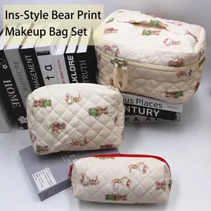 Quilted cotton storage bag set with cute bear print and textured diamond stitching