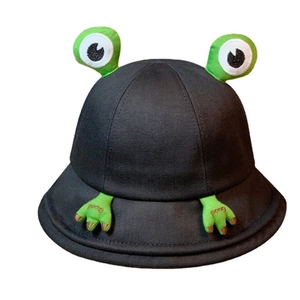 Cute black cotton frog bucket hat with green cartoon eyes and hand-embroidered Good detail