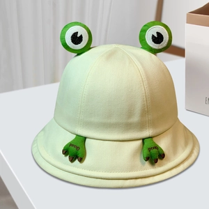 Hellgrüner Frosch-Anglerhut aus Baumwolle mit 3D-Augen und Stickerei für Kinder