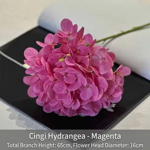 Detail of rose red artificial hydrangea with 65cm stem and 16cm flower head diameter
