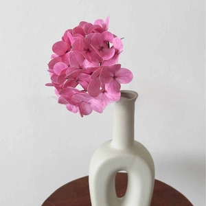 Pink hydrangea in a modern white ceramic vase with unique hollow ring design