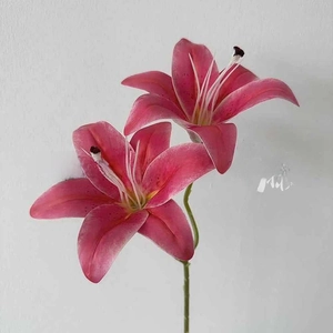 Close-up of two lifelike artificial pink lilies with realistic texture and green stems