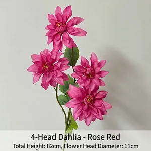 Macro view of rose red artificial dahlia petals with realistic 82cm long stem detail