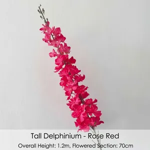 Detail of 1.2m rose red faux delphinium with dense realistic petals for wedding decor