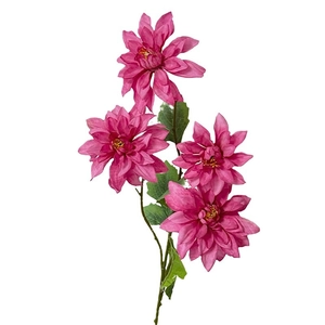 Artificial rose red dahlia stem with four blooming silk flower heads and green leaves