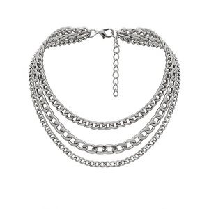 Three-layer silver flat chain necklace with lobster clasp and adjustable link chain
